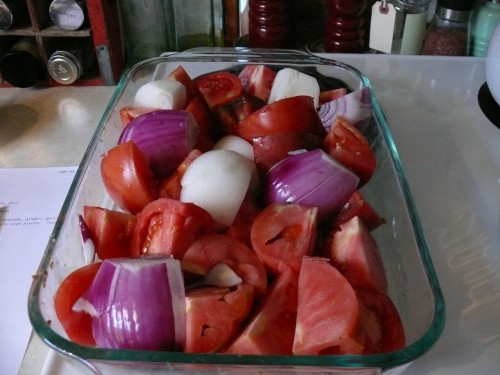 Pre-bake tomatoes, onions, and garlic