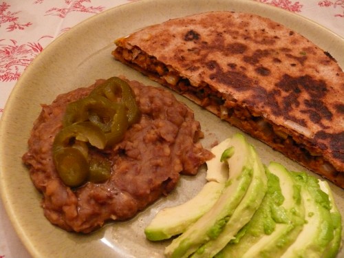 Quesadilla, refried beans, and avocado