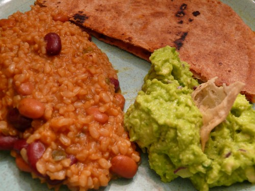 Quesadilla, Spanish rice, and guacamole